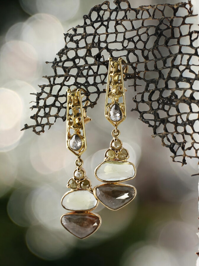 Diamond and Sappphire Cairns Drop Leverback Earrings with Pinecone Details