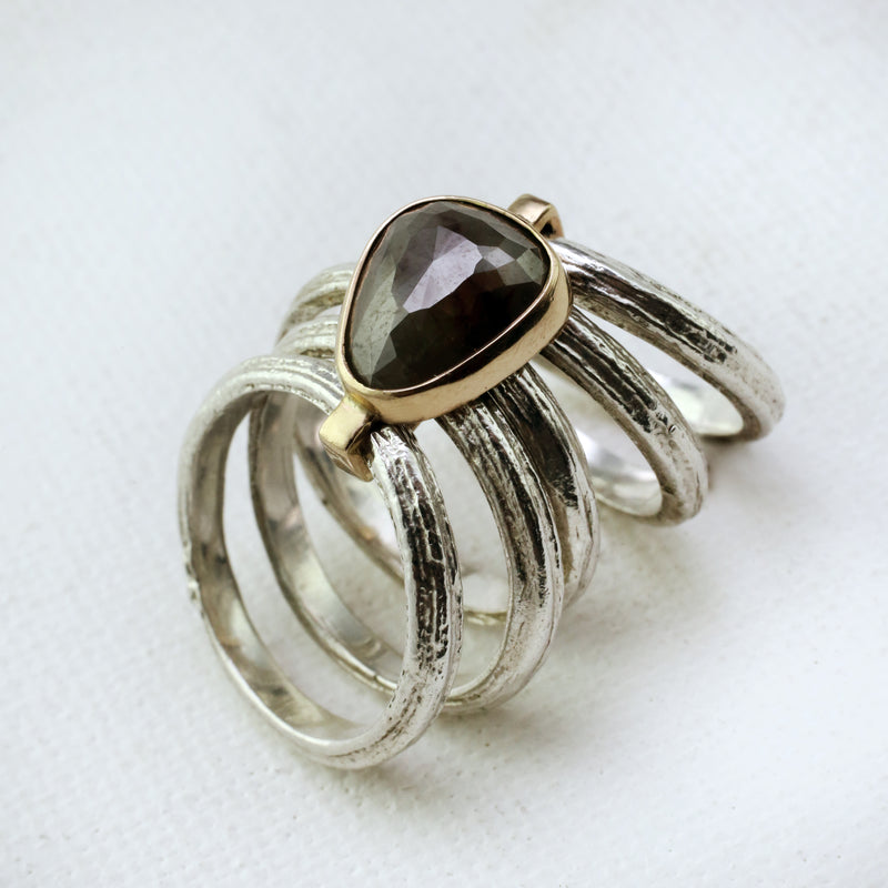 Kinetic Peony and Raw Diamond Teardrop Ring