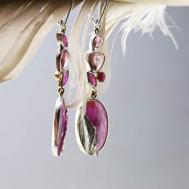 Ruby and Cluster Petal Drop Earrings