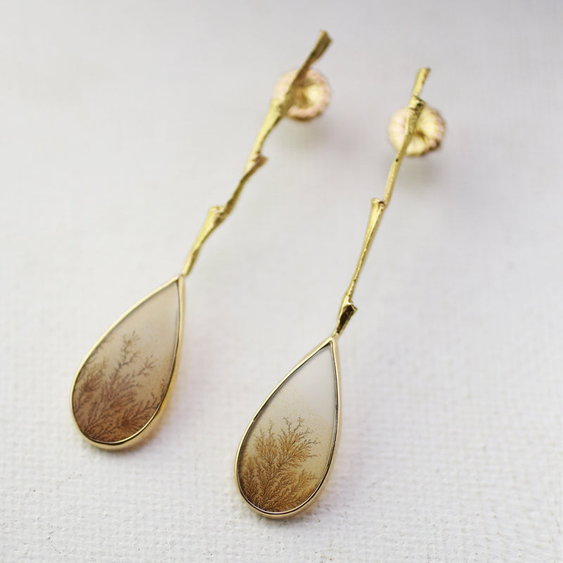 Gold Grass and Dendritic Agate Earrings