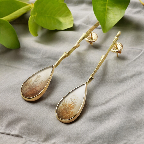 Gold Grass and Dendritic Agate Earrings