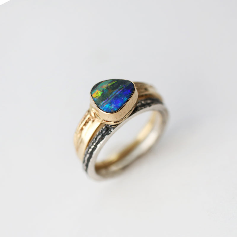 Gold Pinion Stackable Solitaire Opal Ring