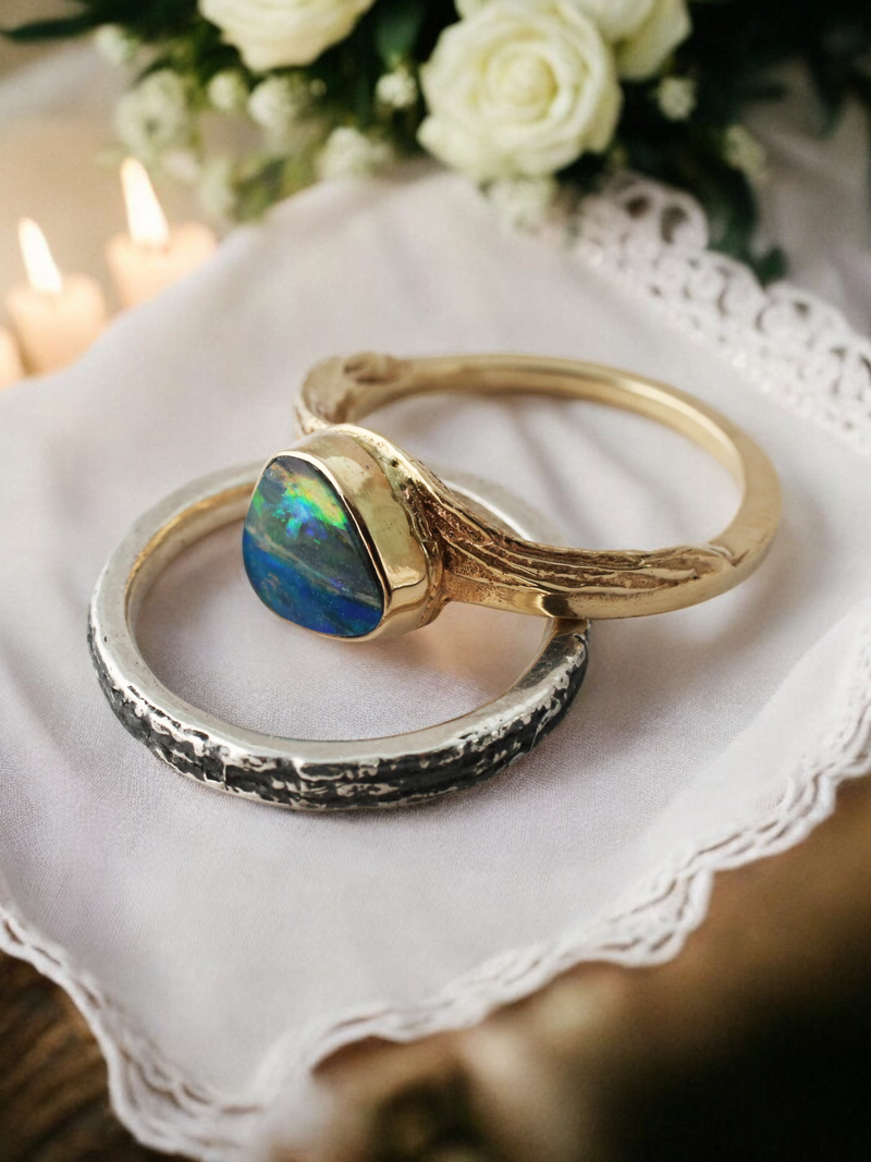 Gold Pinion Stackable Solitaire Opal Ring