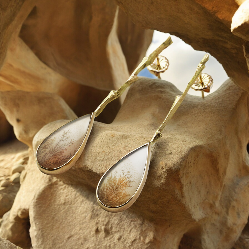 Gold Grass and Dendritic Agate Earrings