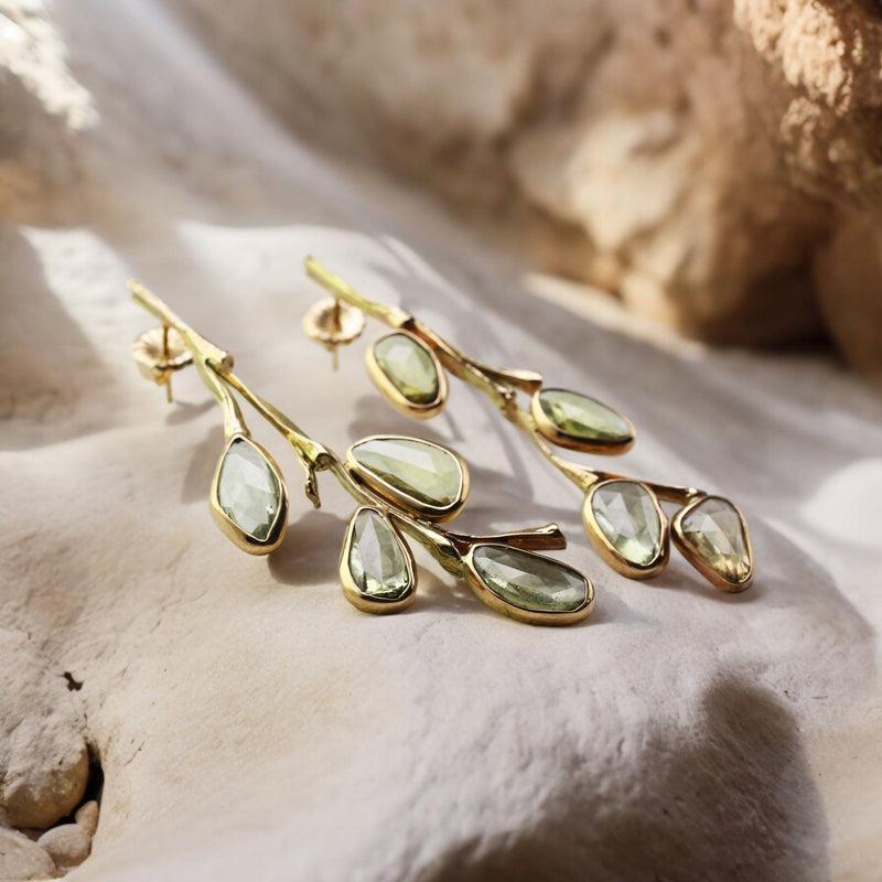 Golden Green Sapphire Grass Earrings