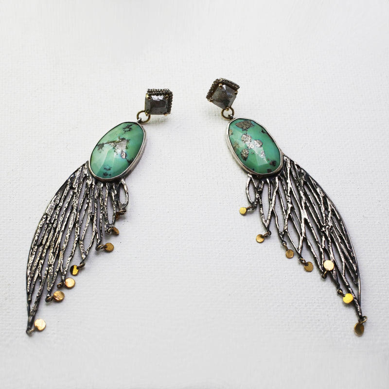 Gray Diamond and Turquoise Palm Wing Earring