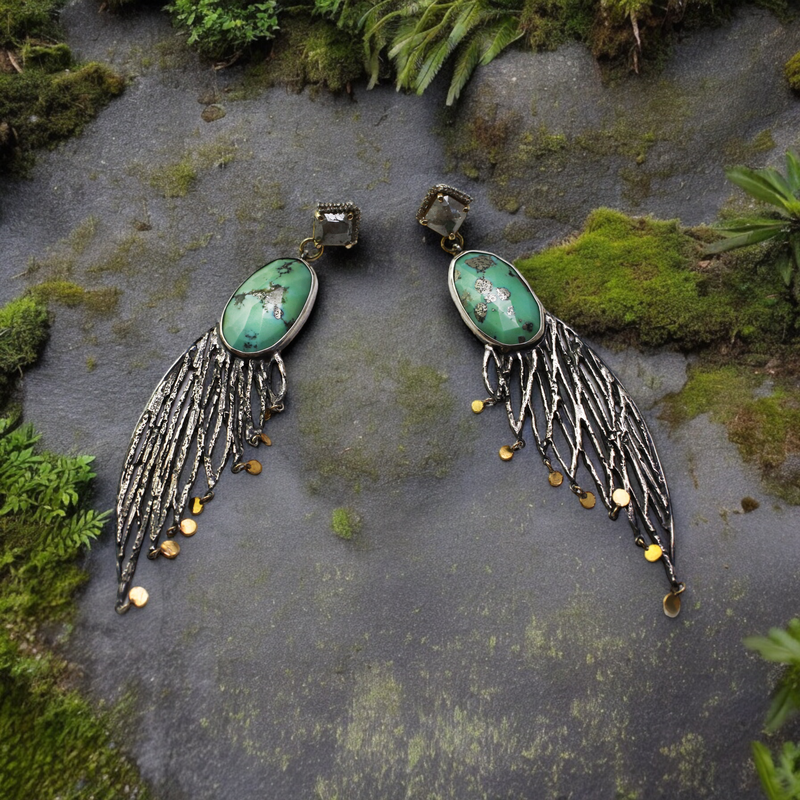 Gray Diamond and Turquoise Palm Wing Earring