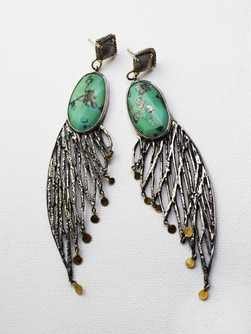 Gray Diamond and Turquoise Palm Wing Earring