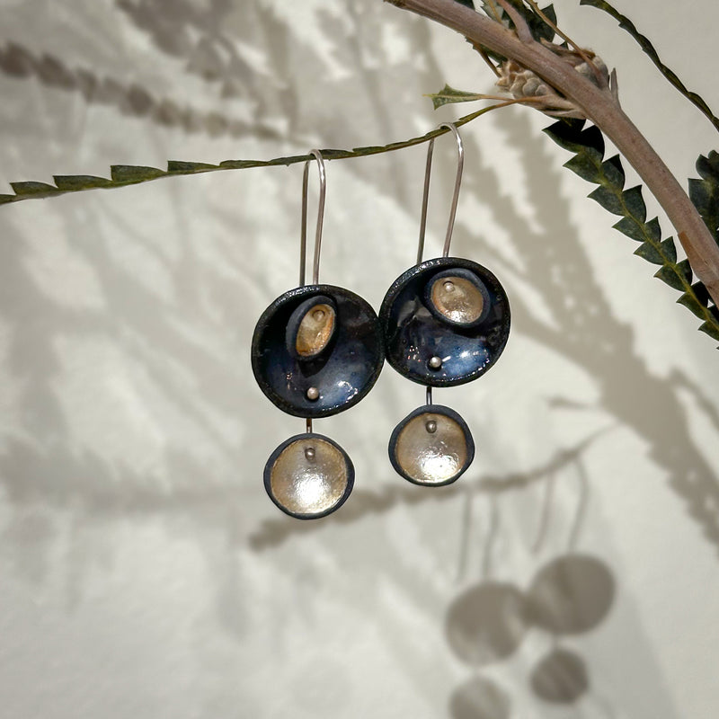 Medium Nest Dangle Pod Earrings, black and silver