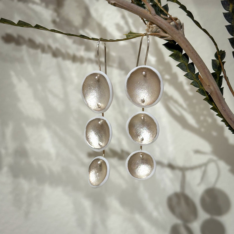 Medium Triple Dangle Pod Earrings, white and silver