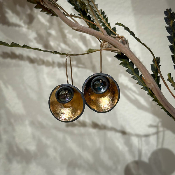 Large Nest Pod Earrings, black and gold - light