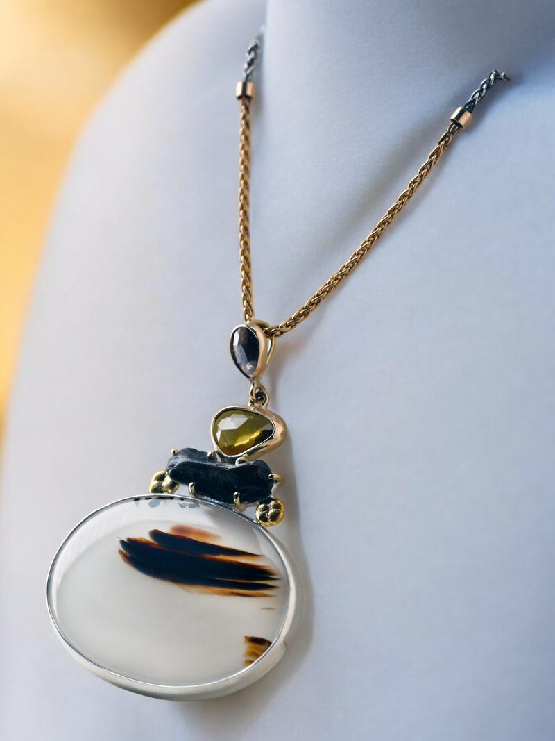 Montana Agate Cairns Pendant with Whale Bone, Diamond, and Sapphire