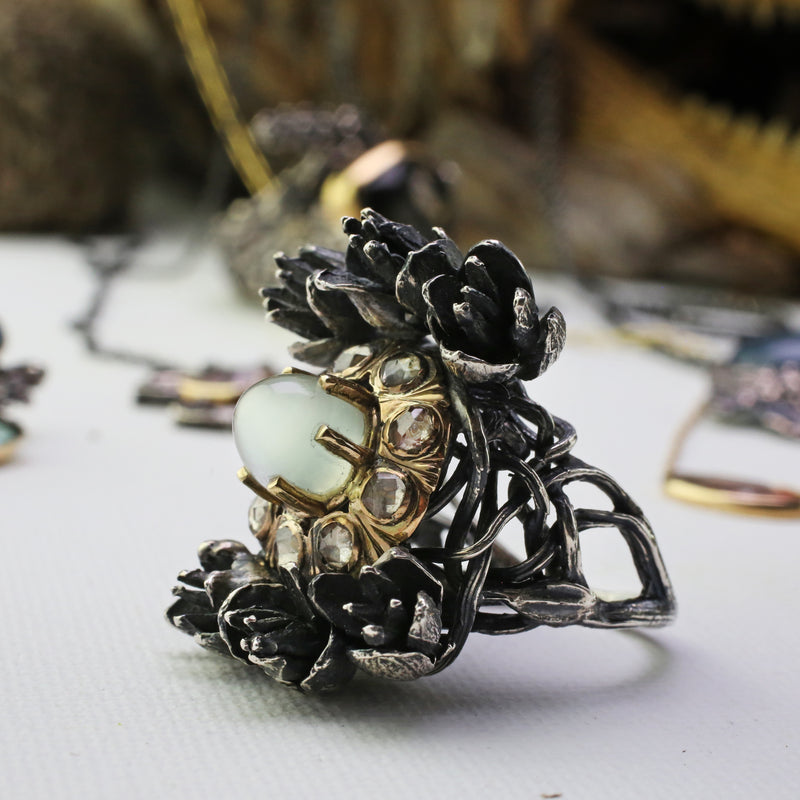 Moonstone and Diamond Cedar Flower Bramble Ring