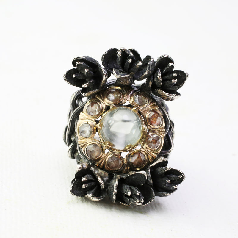 Moonstone and Diamond Cedar Flower Bramble Ring