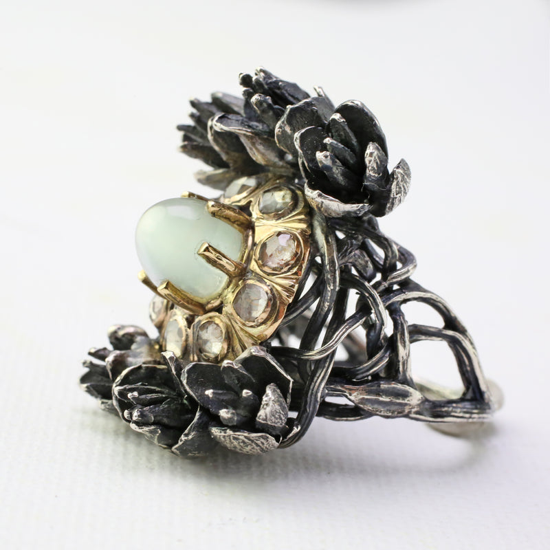 Moonstone and Diamond Cedar Flower Bramble Ring