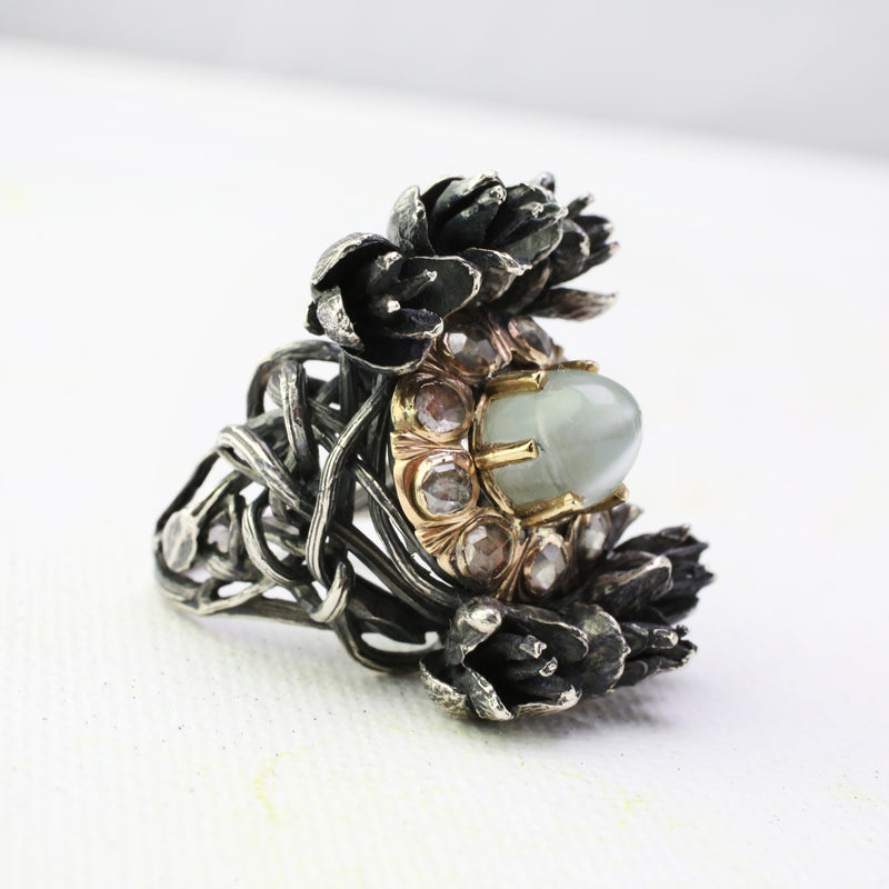 Moonstone and Diamond Cedar Flower Bramble Ring