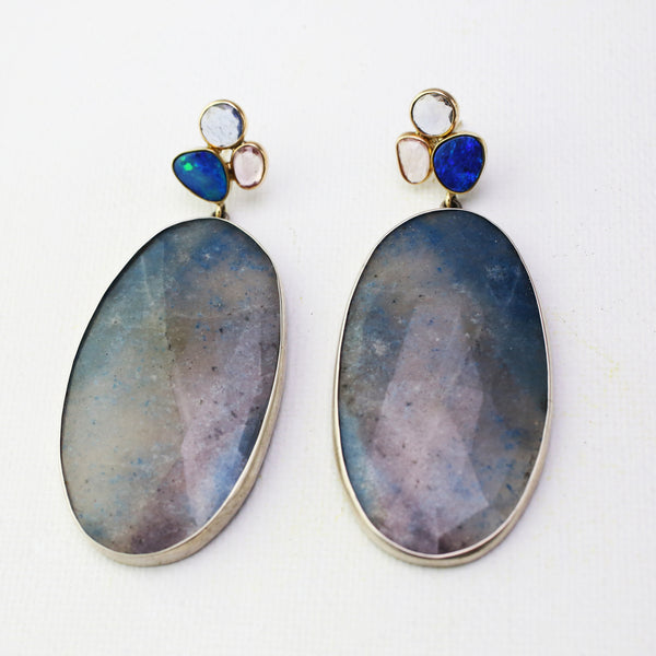 Opals, Sapphire and Pariba Quartz Cluster Drop Earrings