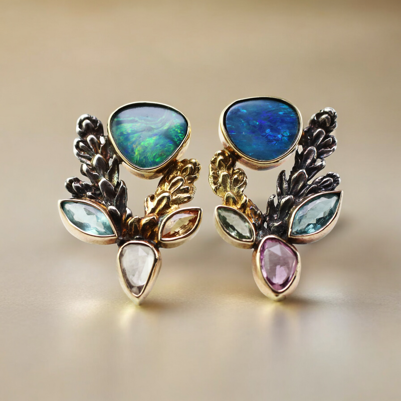 Opals, Sapphires, and Citrine Cedar Garden Earrings