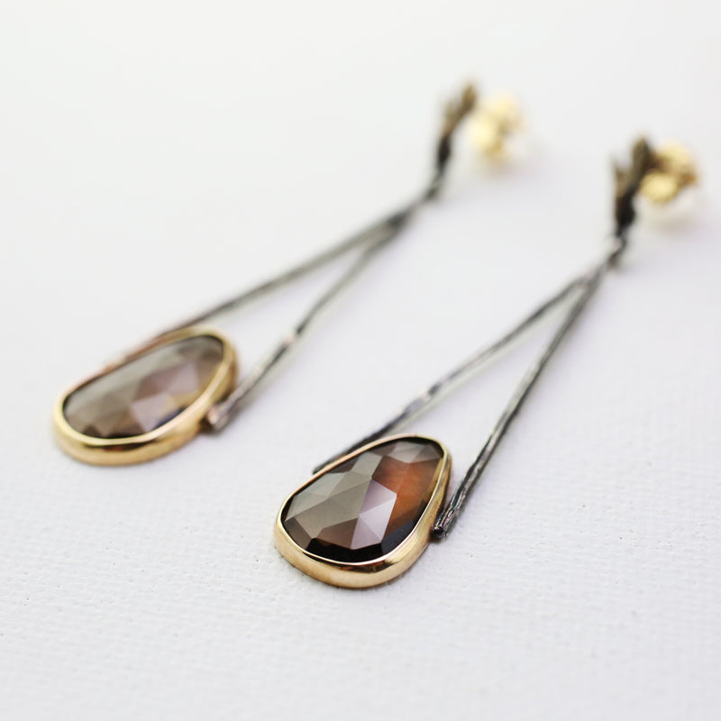 Oxidized Silver and Gold A-Frame Earrings with Smokey Topaz