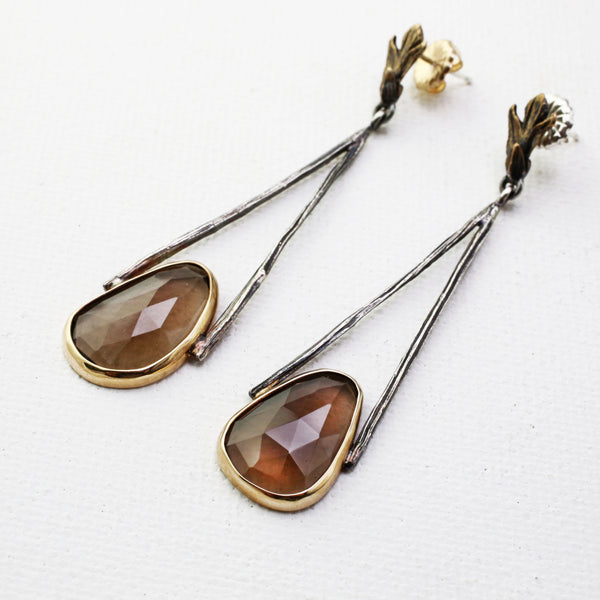 Oxidized Silver and Gold A-Frame Earrings with Smokey Topaz