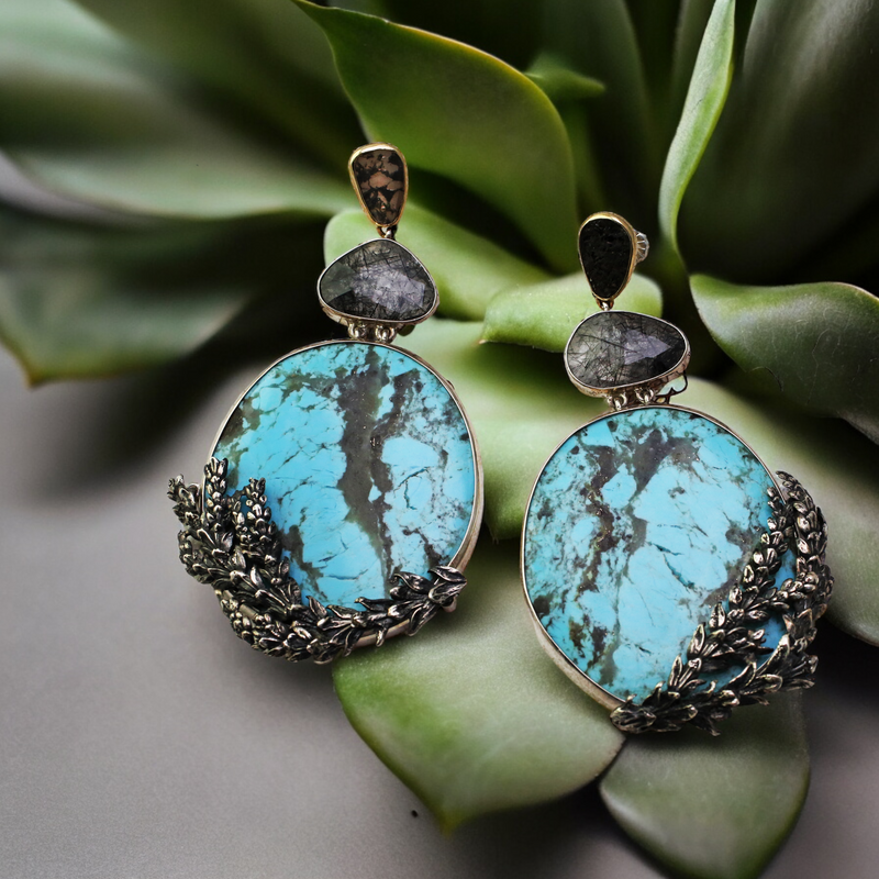 Turquoise Pools with Diamond Slices and Quartz Earrings