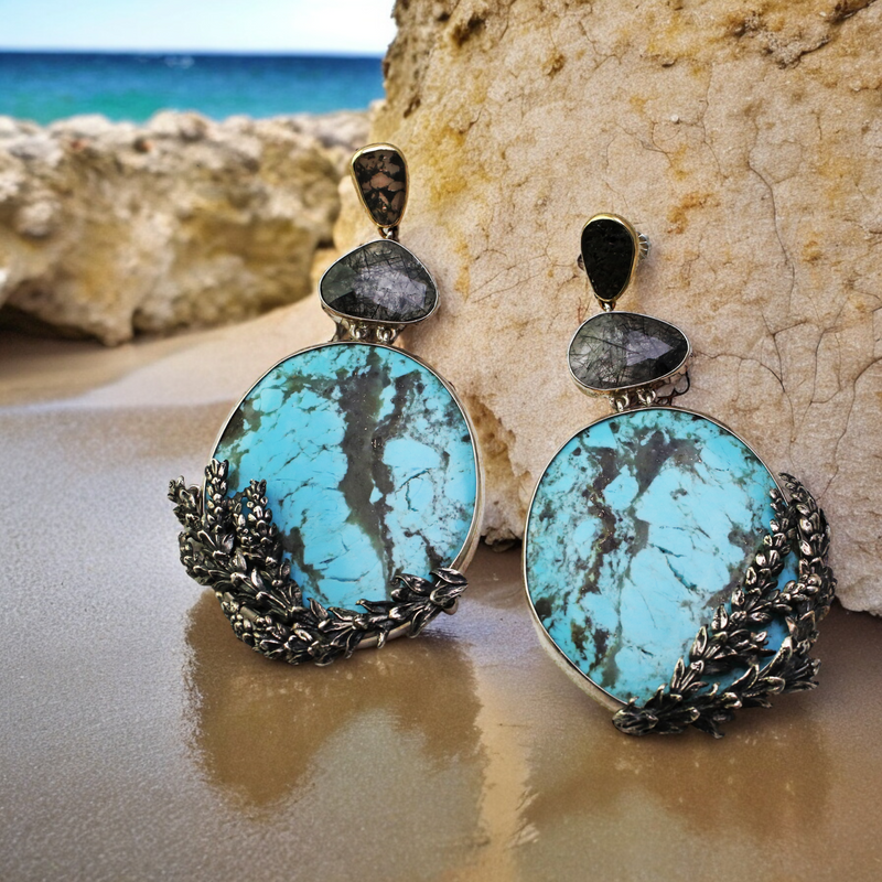 Turquoise Pools with Diamond Slices and Quartz Earrings