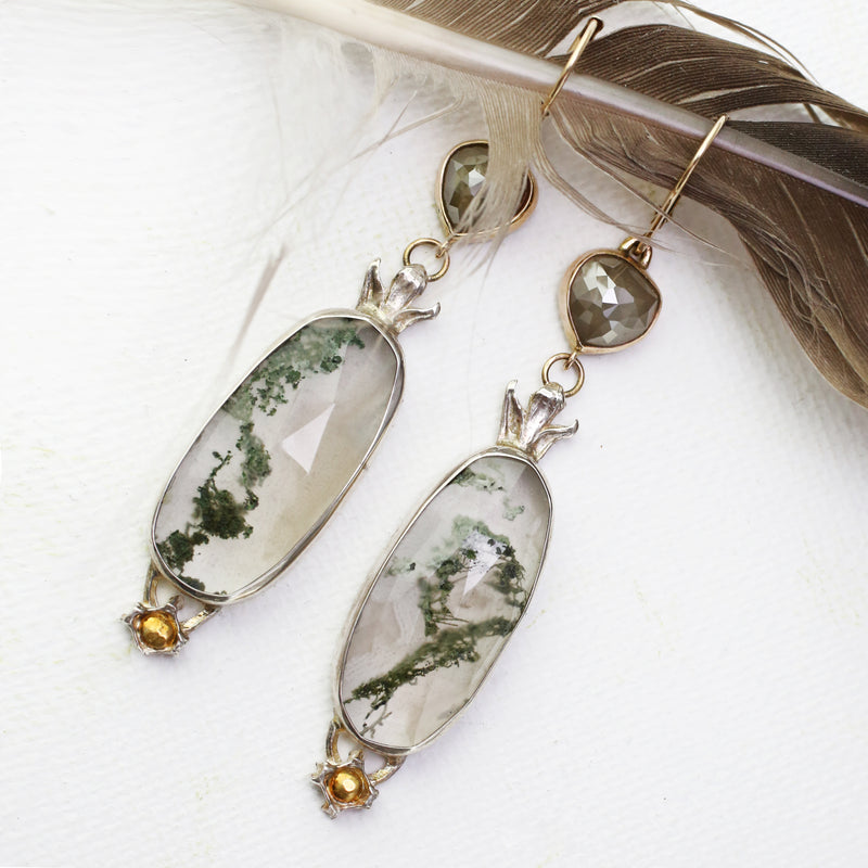 Raw Diamond and Moss Agate Leverback Drop Earrings