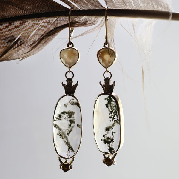 Raw Diamond and Moss Agate Leverback Drop Earrings