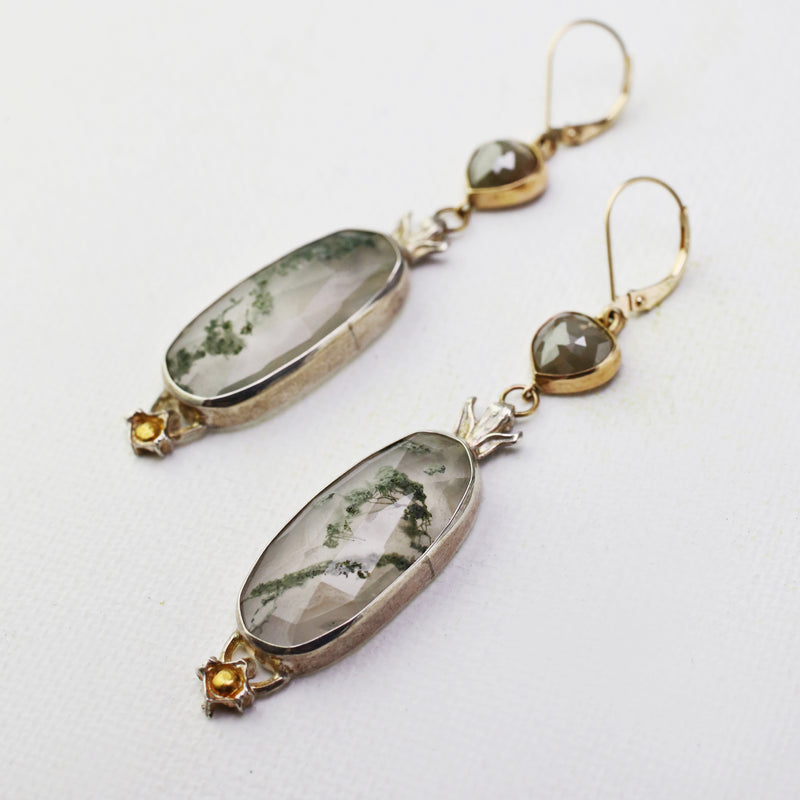 Raw Diamond and Moss Agate Leverback Drop Earrings