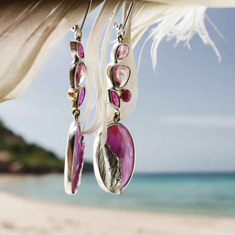 Ruby and Cluster Petal Drop Earrings