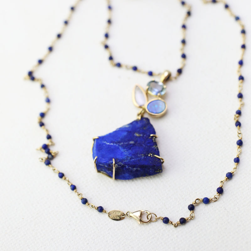 Sapphire, Opal and Lapis Cairns Pendant on Lapis Chain