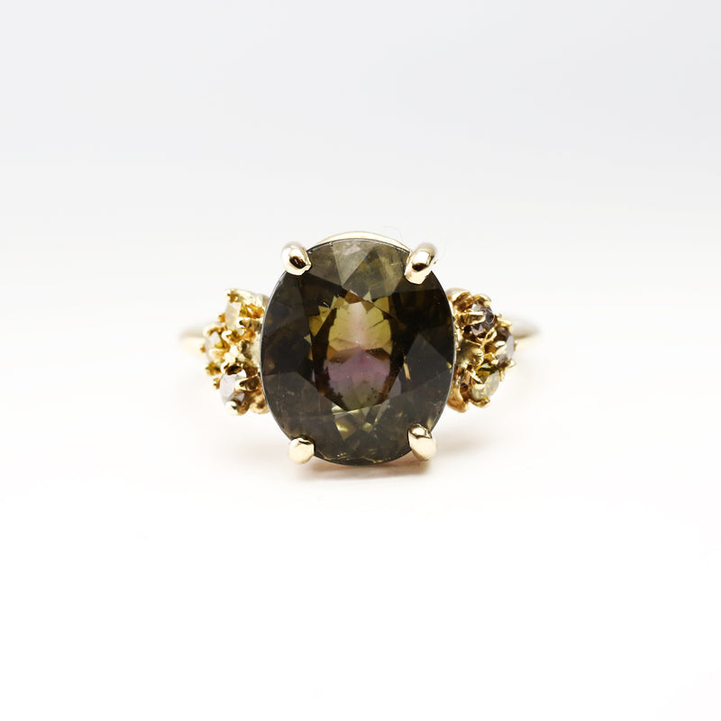 Tourmaline and Gold Ring with Yellow Diamond and Pinecone Accents