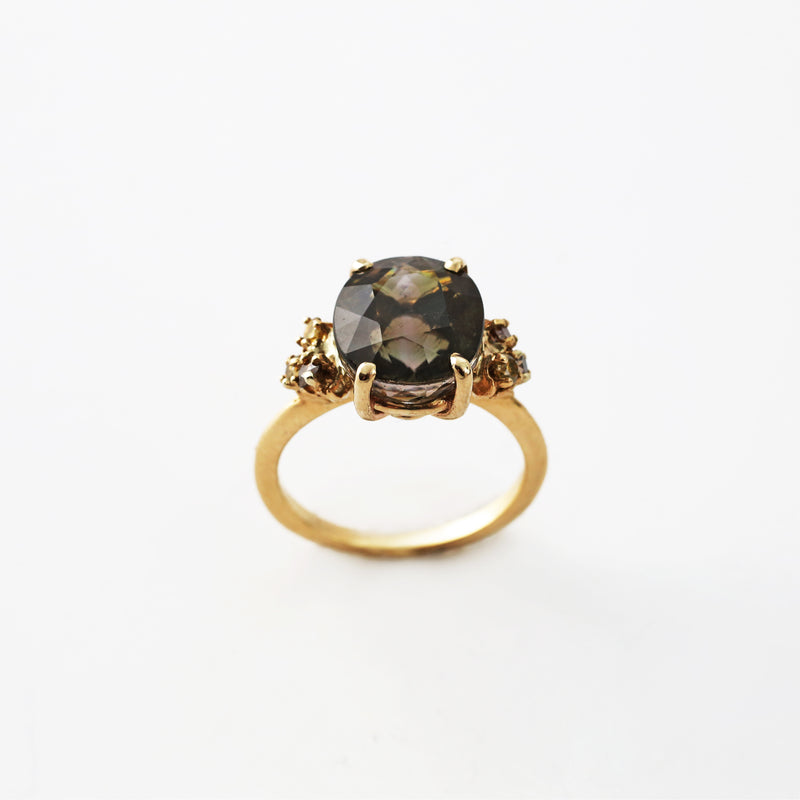 Tourmaline and Gold Ring with Yellow Diamond and Pinecone Accents