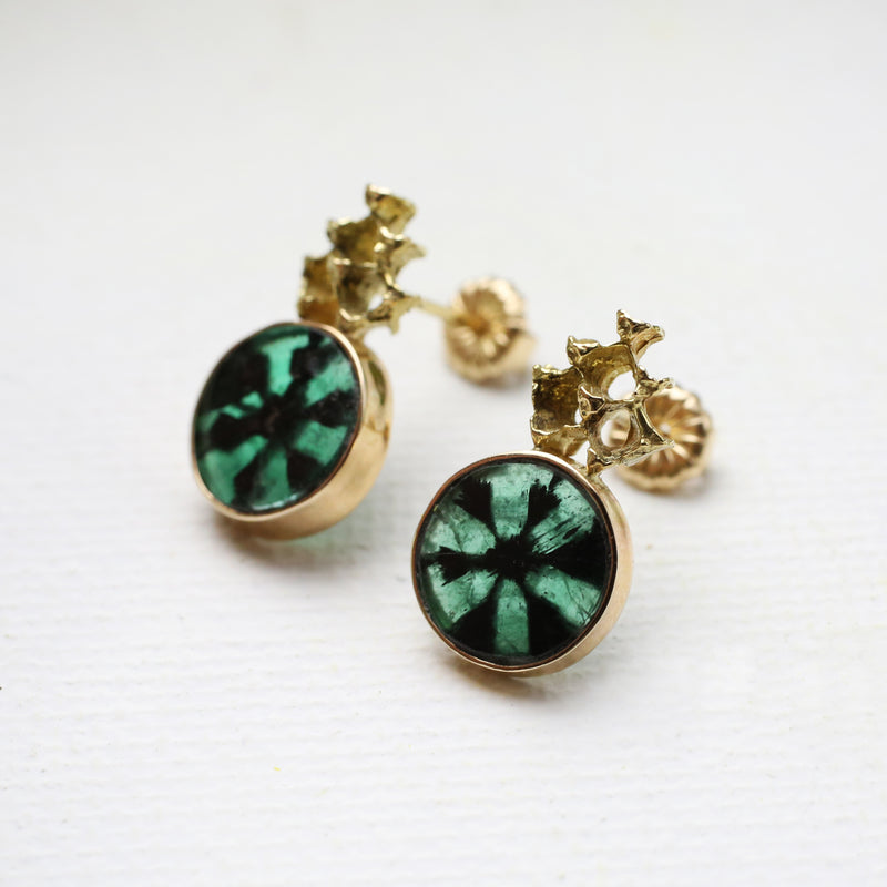 Trapiche Emerald and Gold Pinecone Arrow Earrings