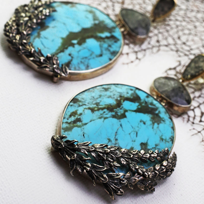 Turquoise Pools with Diamond Slices and Quartz Earrings