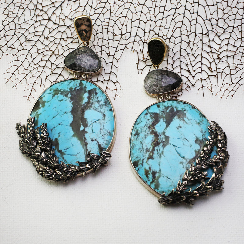 Turquoise Pools with Diamond Slices and Quartz Earrings