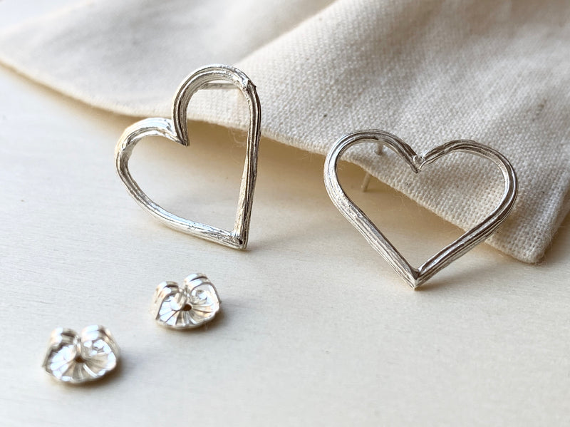 Peony Branch Heart Silver Earrings