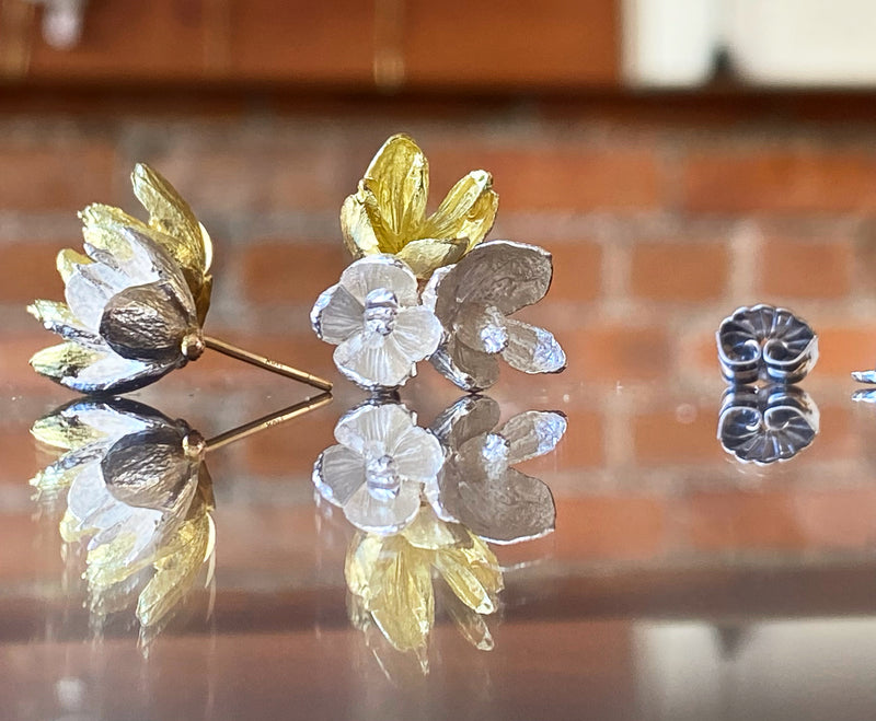 Cedar Flower Gold and Sterling Triple Post Earrings