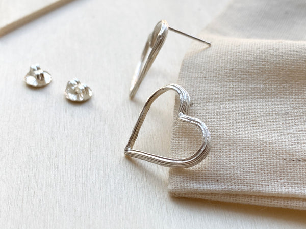 Peony Branch Heart Silver Earrings